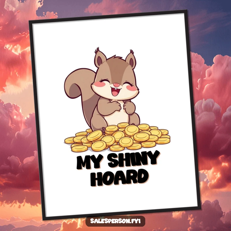 Funny Squirrel Digital Art Print, a squirrel counting coins with glee, perfect for instant home decor.