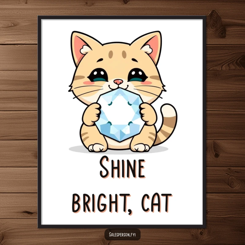 Funny cat gem digital art print featuring a cheerful cat holding a giant sparkly gem, radiating confidence and joy.