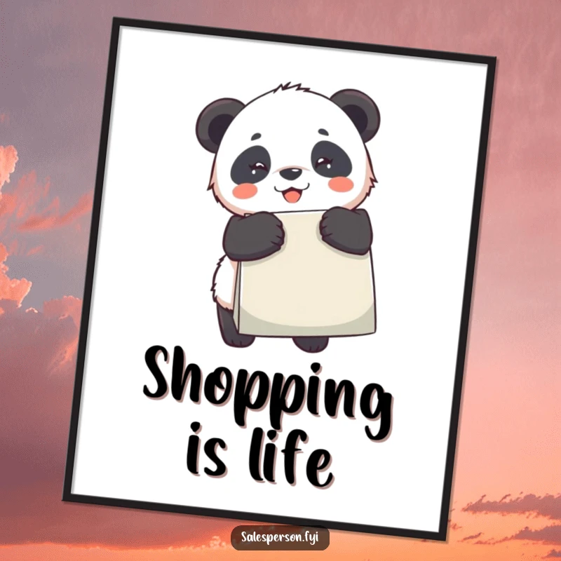 Funny Panda Digital Art Print, a panda beaming with a shopping bag, ready to be printed and displayed.