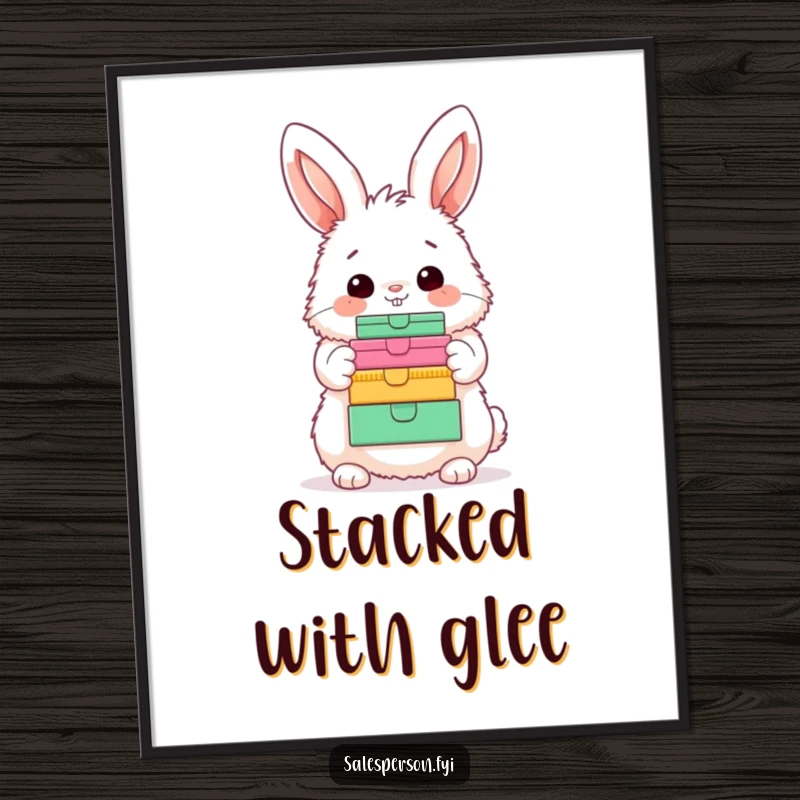 Funny Bunny Digital Art: Fluffy bunny with a happy nod, showcasing a vibrant stack of boxes, instant whimsical decor.