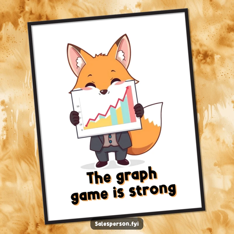 Funny digital art print of a fox in a suit holding a large, colorful upward graph, symbolizing success and wit.