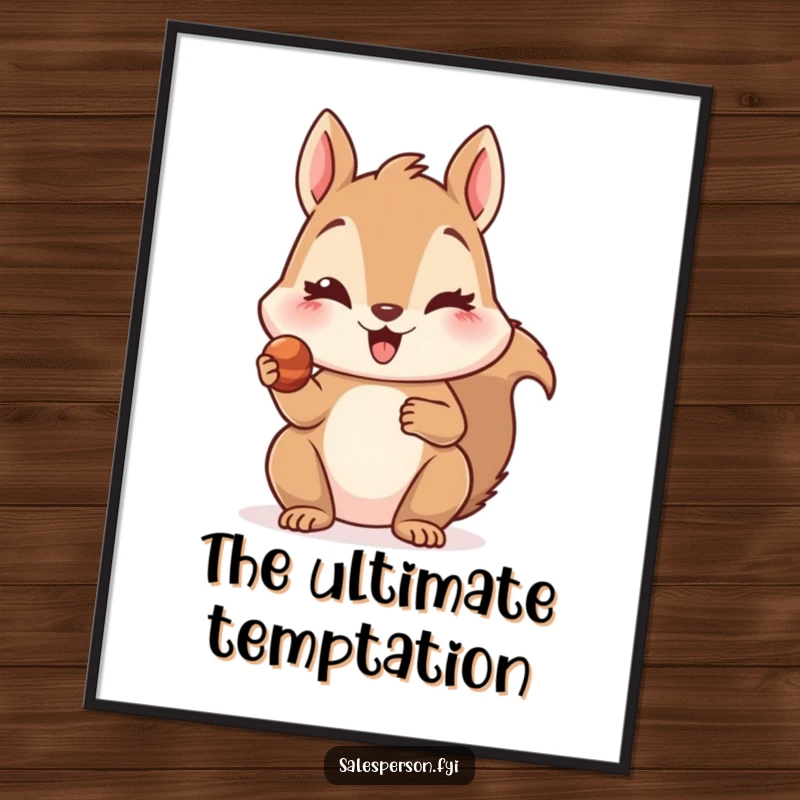 Funny digital art print of a delighted squirrel offering a tiny, tempting treat with a wink, creating a charming and humorous wall art piece.