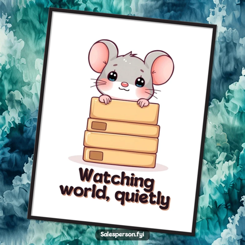 Funny digital art print of a curious mouse peeking from behind boxes, bringing whimsical decor.