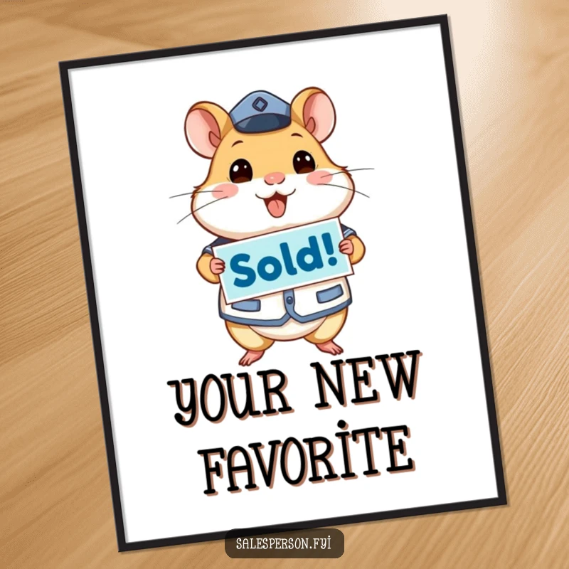 Funny digital art of an energetic hamster in uniform holding a 'Sold!' sign, ready to be printed and displayed for instant inspiration.