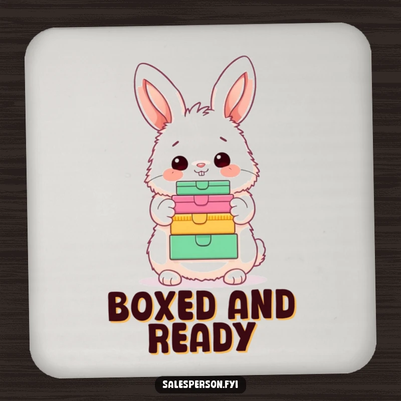 Funny Bunny Coaster: A fluffy bunny joyfully showcasing colorful boxes with a happy nod, guarding your surfaces.