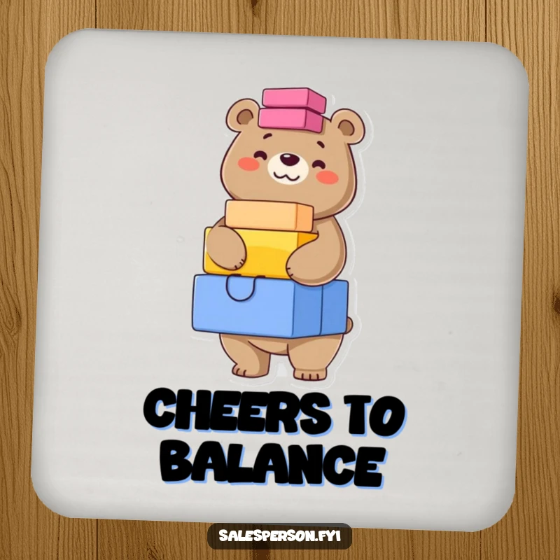 Funny coaster with a confident bear balancing a stack of colorful boxes, offering stylish and humorous surface protection.