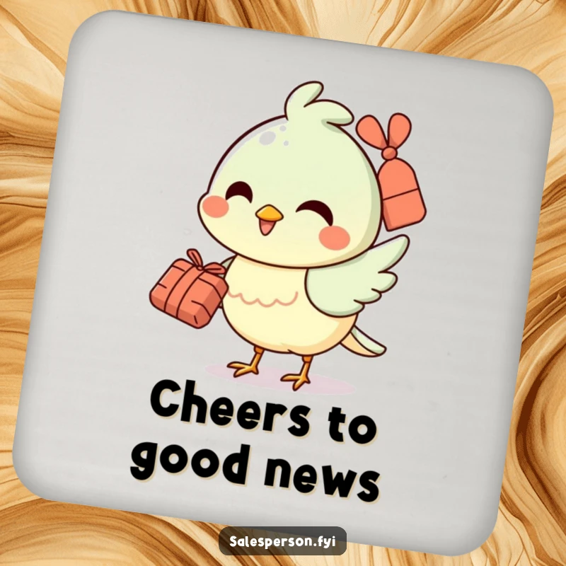 Funny drink coaster with a cheerful bird smiling and holding a small bundle, adding cheerful charm.