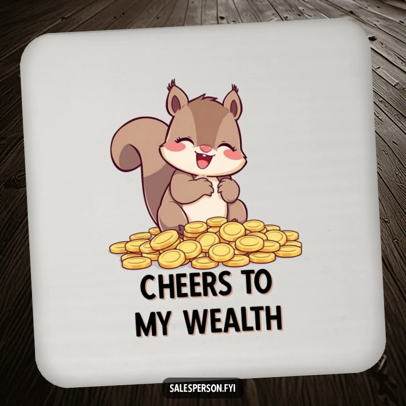 Funny Squirrel Drink Coasters, a squirrel counting coins, protecting tables with financial humor.