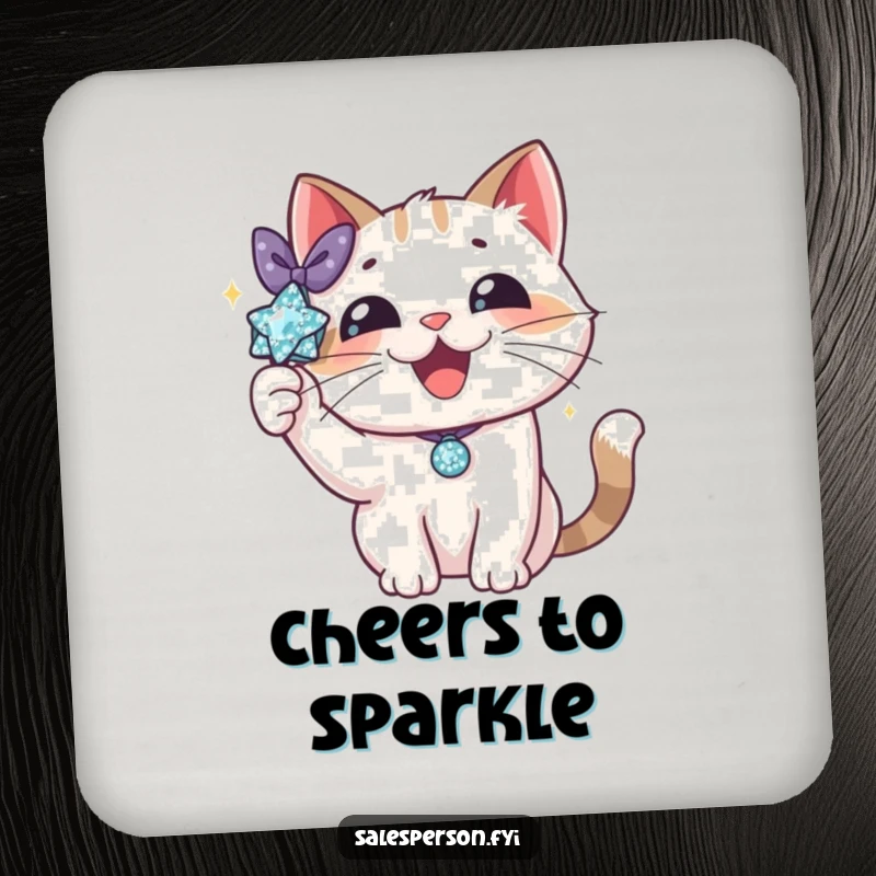 Funny cat drink coaster depicting a delighted cat proudly showing off a sparkly accessory with flair. Glamorous and protective home accessory.