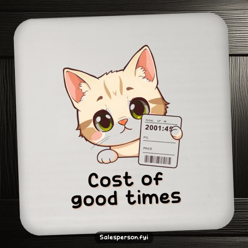 Funny Cat Coaster: Curious cat with wide eyes peers at a price tag, protecting surfaces with wit.