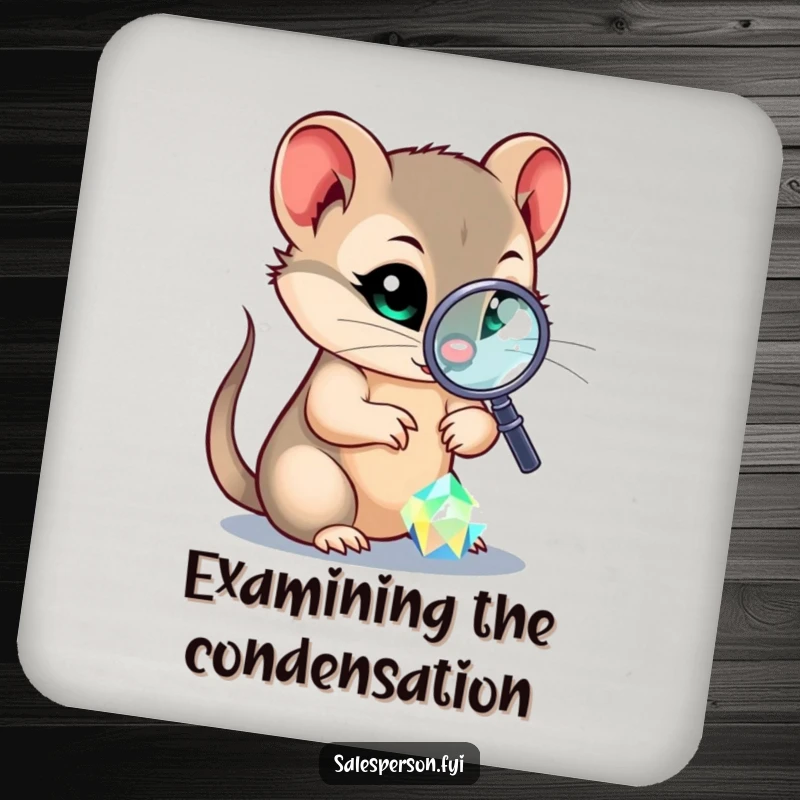 Funny drink coaster showing a sly weasel with a magnifying glass inspecting a sparkling gem, adding a humorous and protective element.
