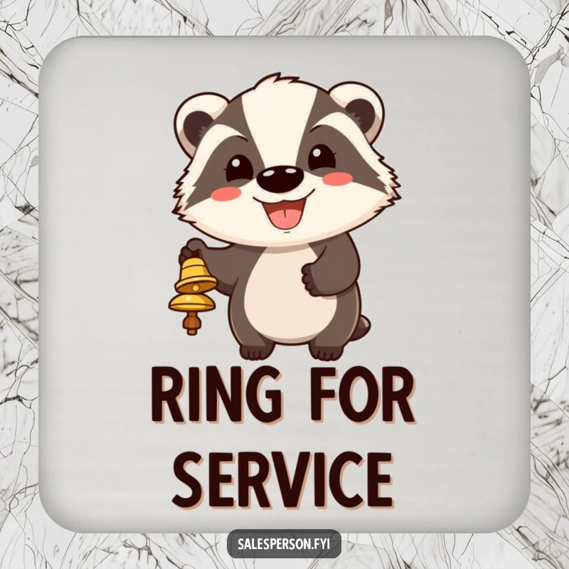 Funny drink coaster with a cheerful badger ringing a bell, its big grin humorously seeking attention.