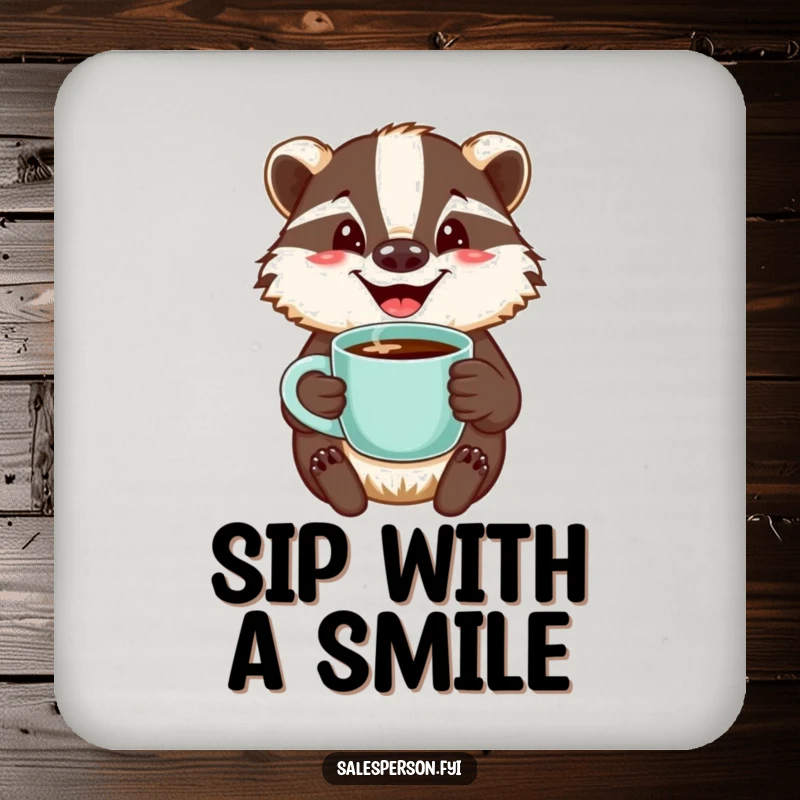 Funny coaster with a jovial badger and a welcoming smile holding a steaming cup of coffee, offering cheerful surface protection.