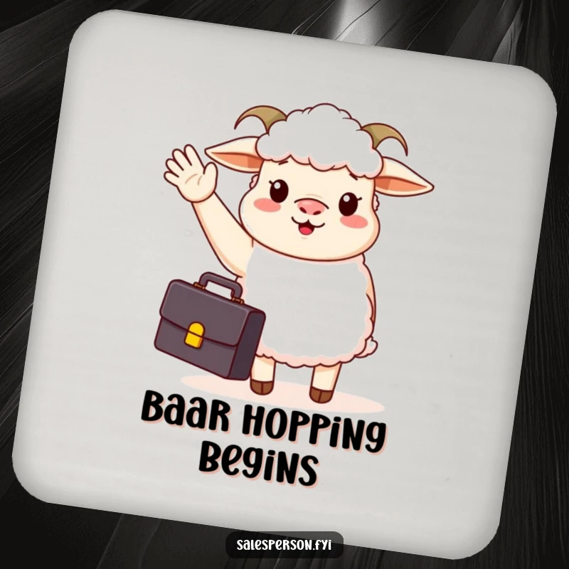 Funny drink coaster with a sheep in a suit, briefcase, and waving hello, protecting surfaces with a cheerful business vibe.
