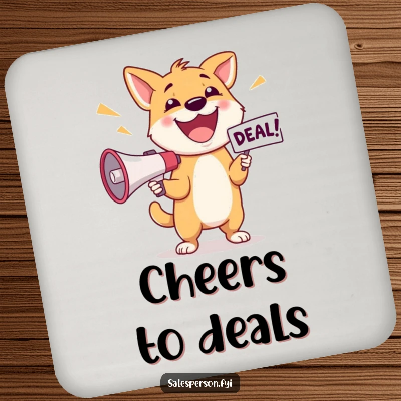 Funny Dog Deal Coasters: Happy dog excitedly announcing a deal with a megaphone, beverage accessory.