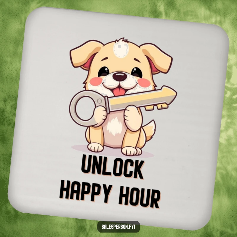 Funny Dog Coaster: A beaming dog proudly displays a shiny house key, protecting surfaces with cheerful humor.