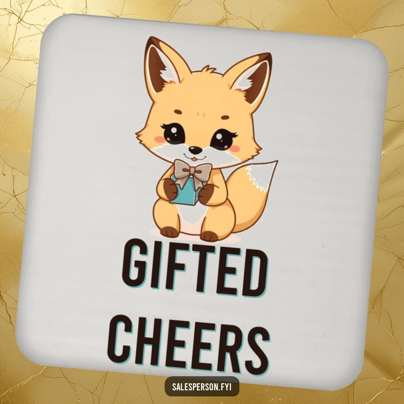 Funny Fox Bowtie Gift Coasters: Playful fox in a bowtie presenting a gift, beverage accessory.