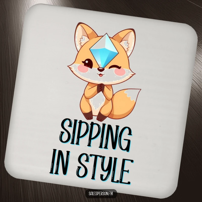 Funny Fox Coaster: Charming fox winks while holding a sparkling gem, protecting surfaces with style.