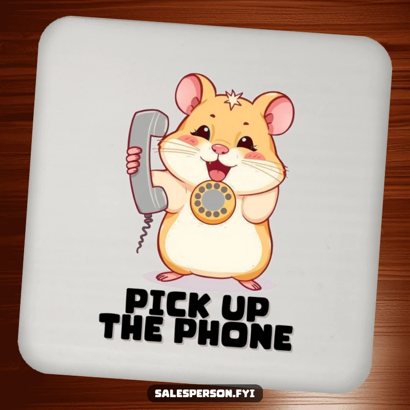 Funny hamster drink coaster with a curious rodent holding a ringing telephone, protecting surfaces with humor.