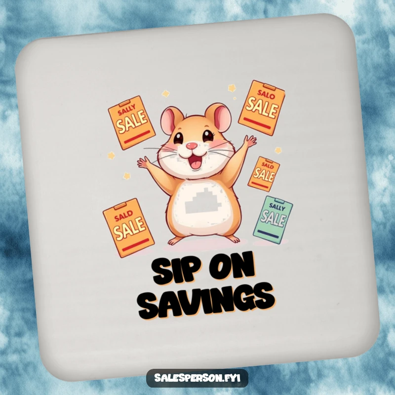Funny drink coaster featuring an energetic hamster juggling a pile of sale flyers, suitable for any beverage.