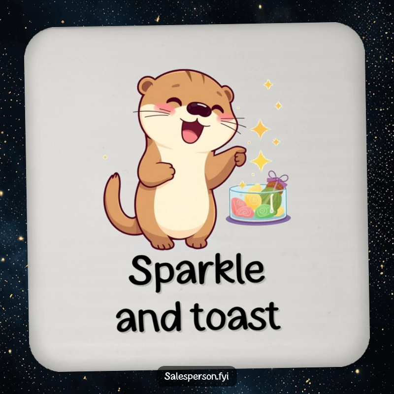 Funny otter coaster showing a playful animal pointing at sparkling goods, adding humorous charm to any surface. Cute gift.