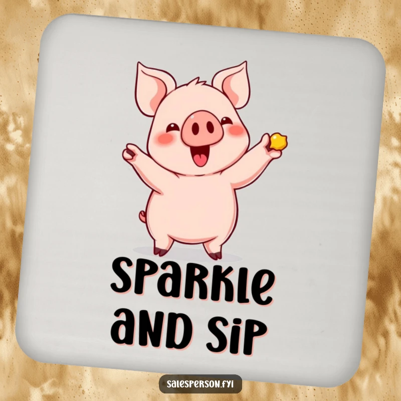 Funny Pig's Shiny Find Coasters: Cute pig enthusiastically showing off a shiny item, beverage accessory.