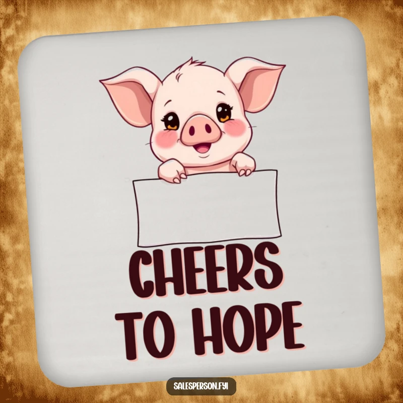 Funny Drink Coaster featuring a curious piglet pointing towards a banner with a hopeful look, adding a touch of whimsical optimism.
