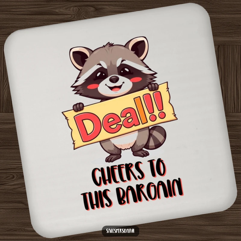 Funny drink coaster showing a beaming raccoon holding a colorful 'Deal!' banner, adding a humorous and protective element to tables.