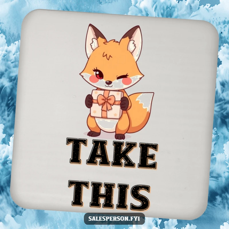 Funny sly fox drink coaster design, showing a playful wink and a gift box, useful for humorous surface protection.