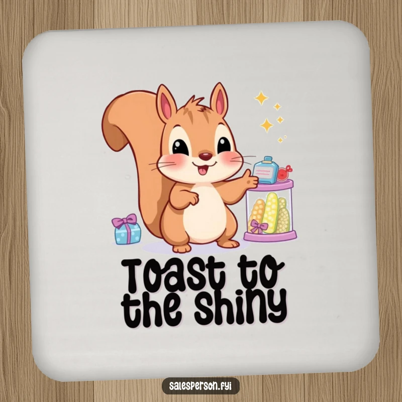Funny squirrel drink coaster with a smiling rodent gesturing towards sparkling goods, protecting surfaces with humor.