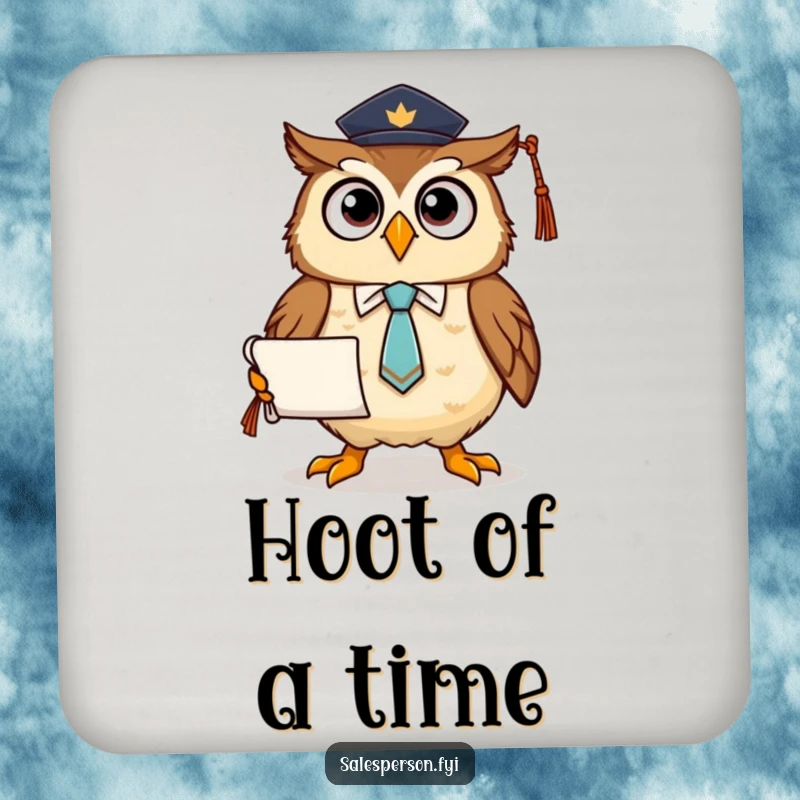 Funny drink coasters featuring a proud owl in a tie holding a diploma, protecting surfaces with academic humor.