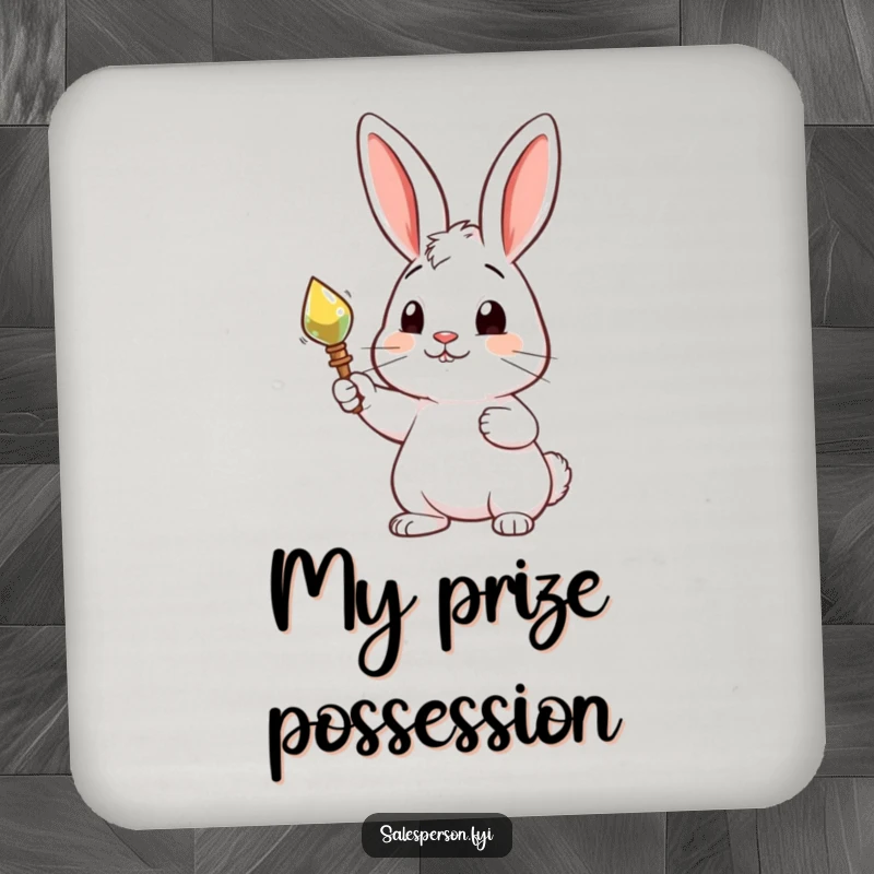 Funny drink coaster featuring a curious rabbit proudly presenting a shiny object, adding playful and charming protection.