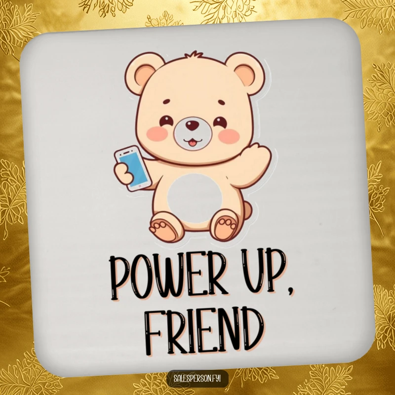 Funny drink coaster set with a small bear enthusiastically presenting a shiny gadget.