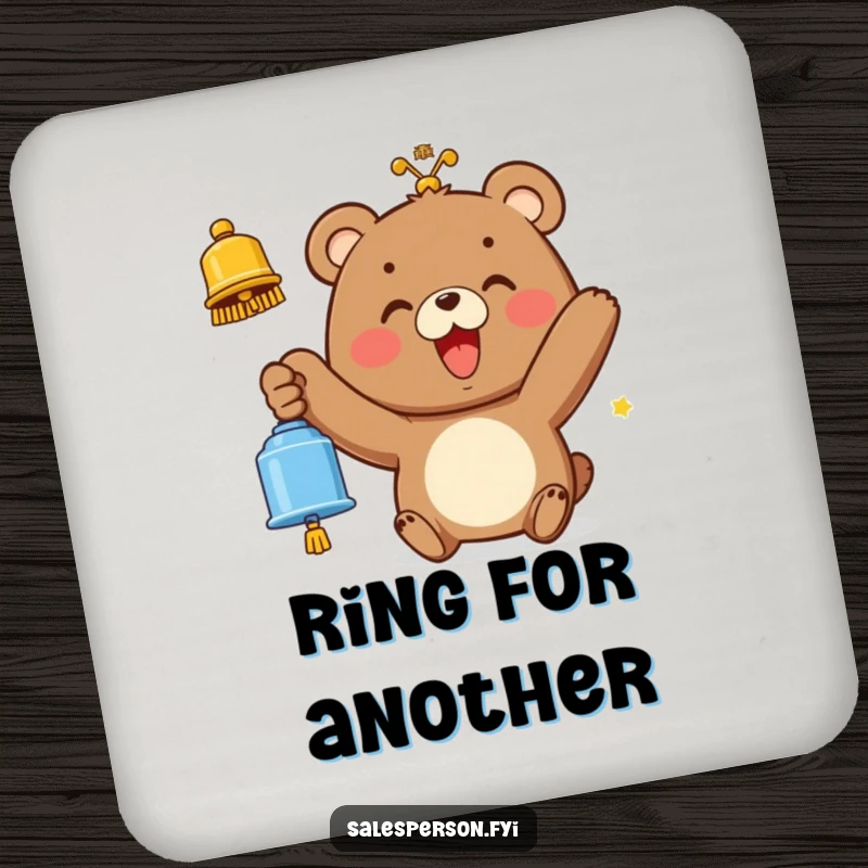 Funny drink coaster with a happy bear ringing a bell with a wide smile, protecting surfaces with joy.