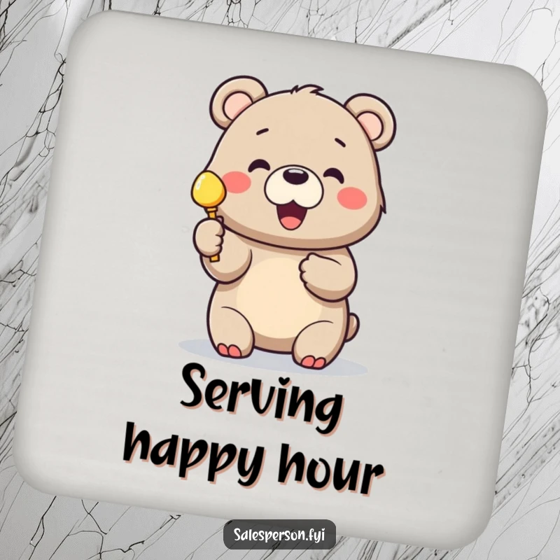 Funny drink coaster with a cheerful bear holding up a shiny object, symbolizing a great find.
