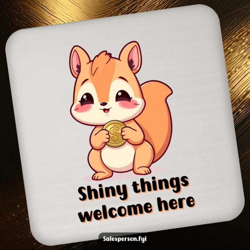 Funny drink coaster showing a giggling squirrel offering a shiny coin, adding a humorous and protective element to tables.