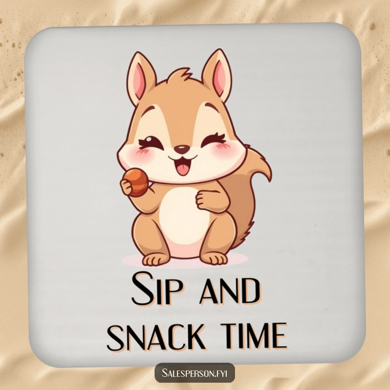 Funny drink coaster featuring a delighted squirrel offering a tiny, tempting treat with a wink, adding playful and charming protection.