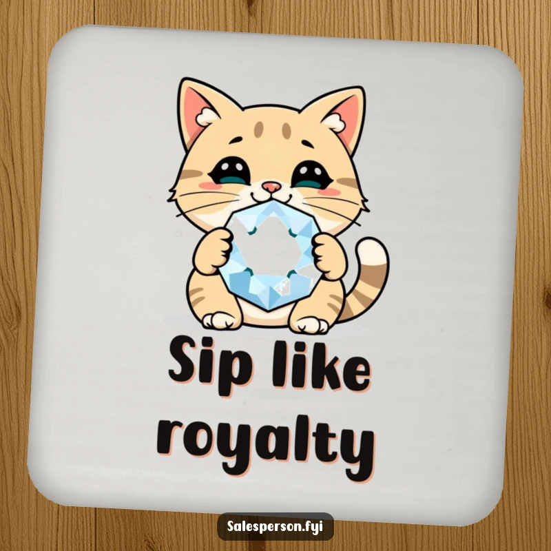 Funny cat gem coaster with a cheerful cat holding a giant sparkly gem, protecting surfaces with style.