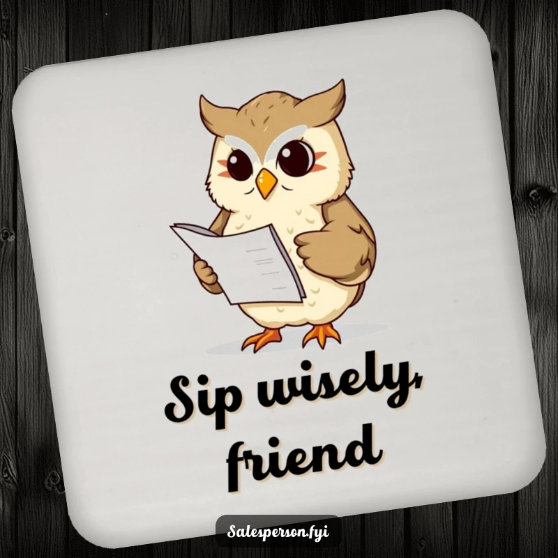 Funny wise owl holding a ledger on a drink coaster, offering protection with financial humor, a funny gift.