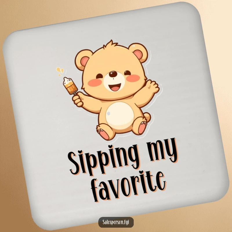 Funny drink coaster featuring an enthusiastic bear cub demonstrating a product with a flourish, adding playful and humorous protection.