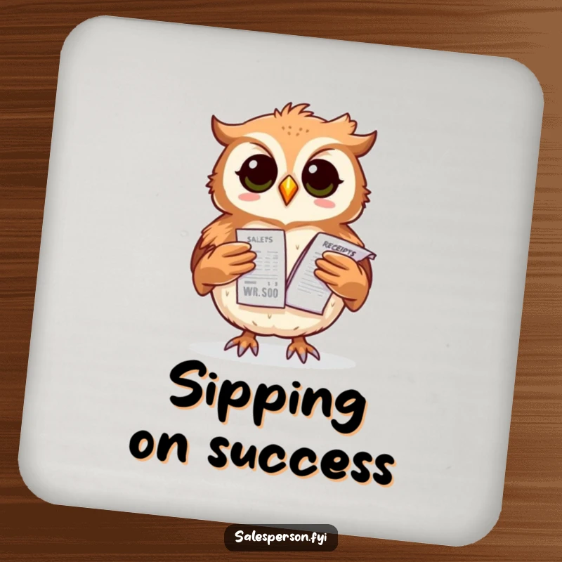 Funny owl drink coaster with a proud bird balancing a stack of sales receipts, protecting surfaces with humor.