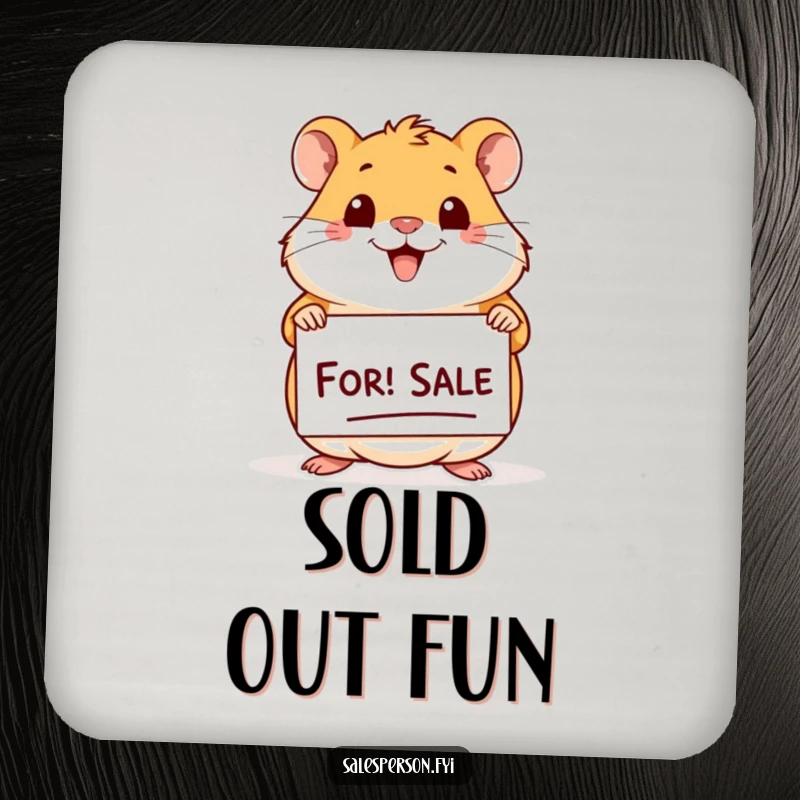 Funny Hamster For Sale Coasters: Cheerful hamster with a big smile holding a 'For Sale' sign, table protection.