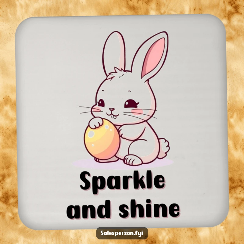 Funny Bunny Polishing Coasters: Determined bunny polishing a bright shiny object, beverage accessory.
