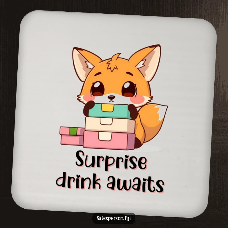 Funny fox drink coaster depicting a surprised fox with wide eyes looking at colorful boxes. Whimsical and protective home accessory.