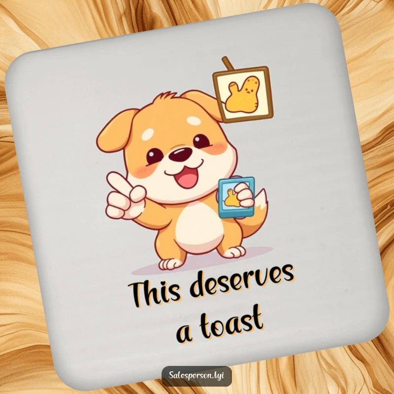 Funny Dog Drink Coasters, a dog pointing enthusiastically at an item, protecting tables with humor.
