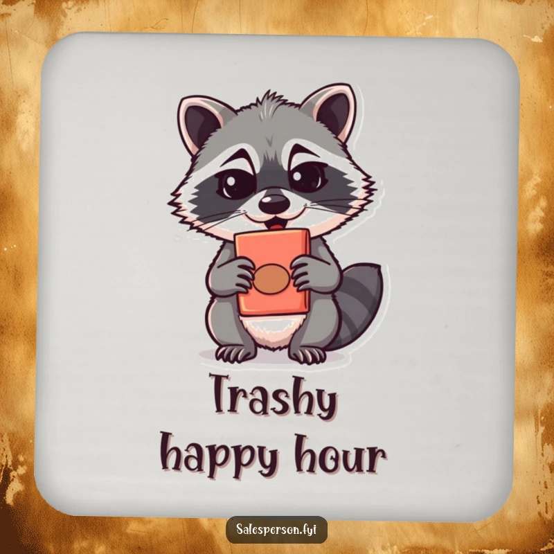 Funny raccoon with a sly expression offers a disguised item on a drink coaster, a humorous accessory, funny gift.