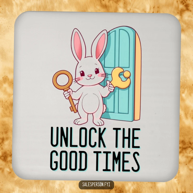 Funny coaster with a rabbit holding a giant key and pointing to a door, protecting surfaces with style, a charming funny gift.