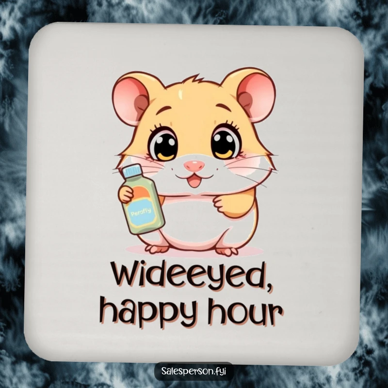 Funny drink coasters featuring a curious hamster demonstrating a product with wide eyes, protecting surfaces with enthusiastic humor.