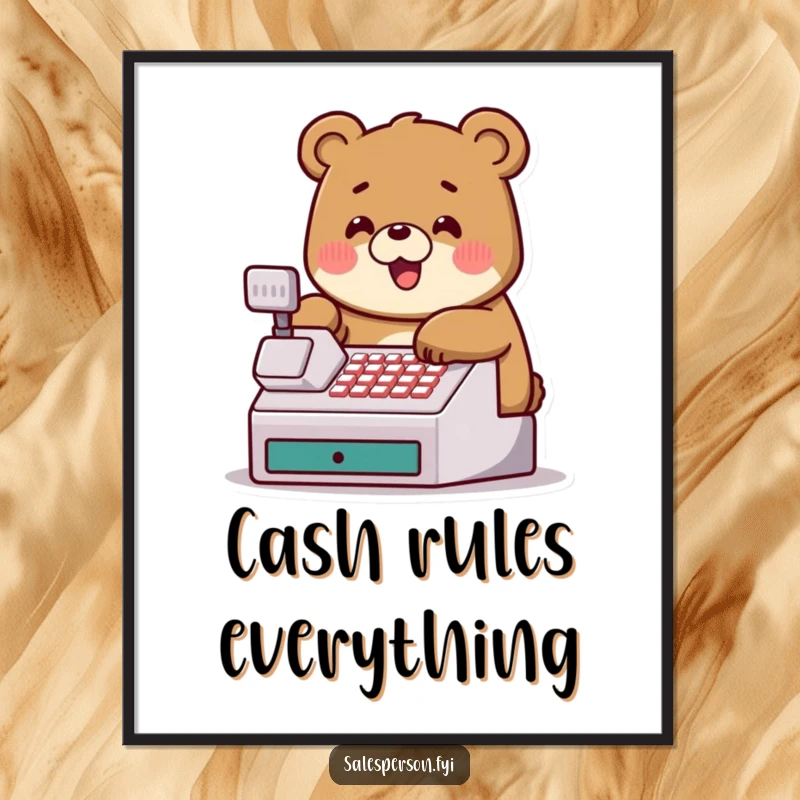 Funny poster featuring a jovial bear tapping a cash register, bringing humor and motivation to any space.