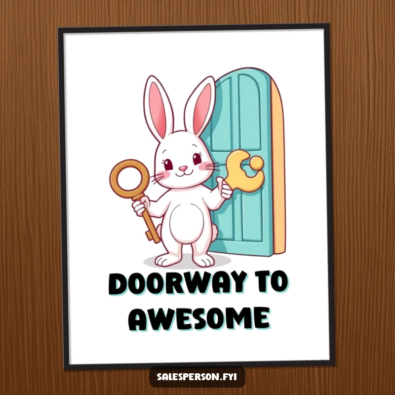 Funny poster of a rabbit holding a large key and pointing to a door, evoking mystery and adventure, a great funny gift.